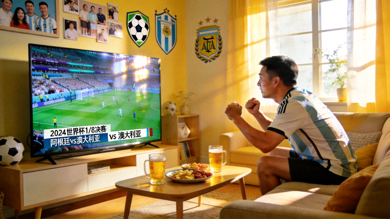 一位中国球迷在客厅沙发上，通过大屏幕电视观看一场高清足球直播的温馨场景，画面清晰，色彩鲜艳